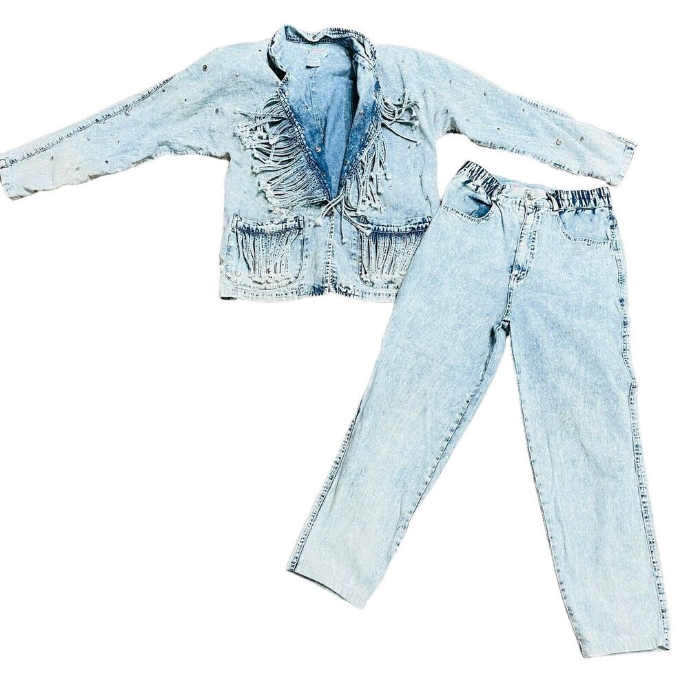 Fringe Acid Wash Denim 2 Piece Jeans Suit Vintage 90s Andiamo Womens Blue Small